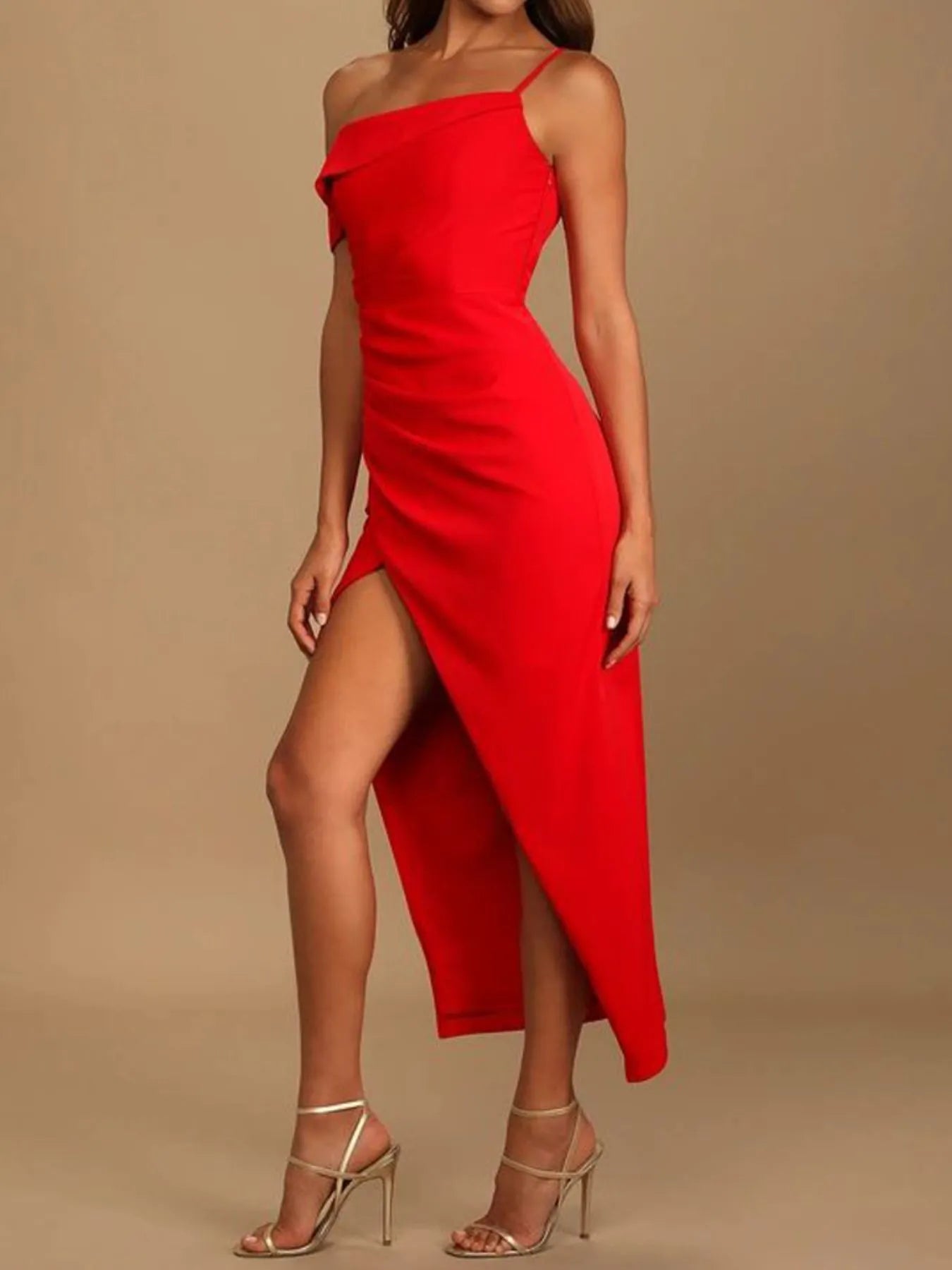 Model wearing Split Asymmetrical Neck Midi Dress styled elegantly
