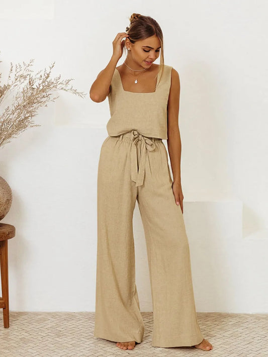 Front view of the square neck sleeveless top and matching ruffled pants set