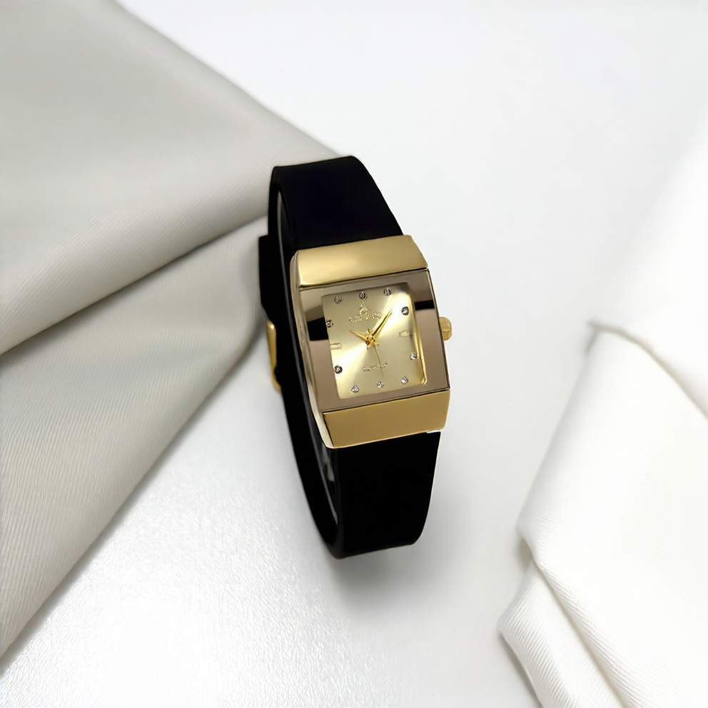 Front view of the square-shaped watch showcasing the clean dial and alloy case