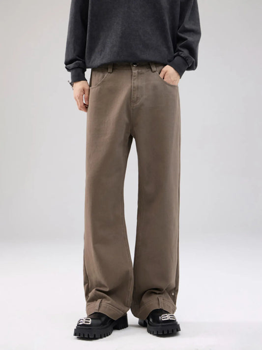 Front view of wide leg pocketed stretch casual jeans