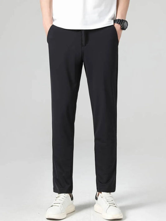 Front view of stretch blend relaxed pocketed casual pants