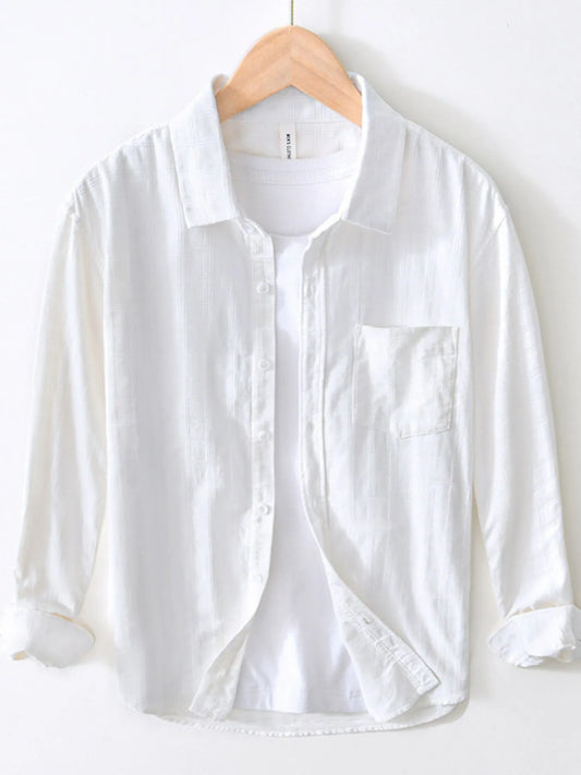 Front view of striped cotton blend button-up shirt with pocket