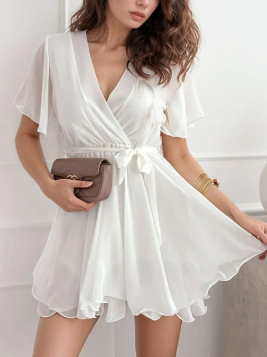 Front view of Surplice Flutter Sleeve Mini Dress