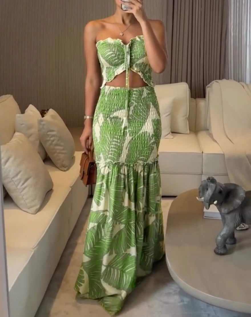 Tropical Print Drawstring Ruching Bandeau Dress Front View