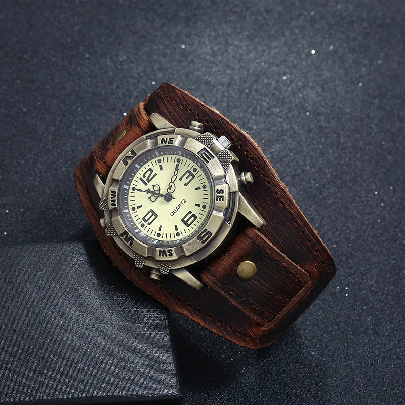 Vintage bronze dial quartz watch with leather strap front view