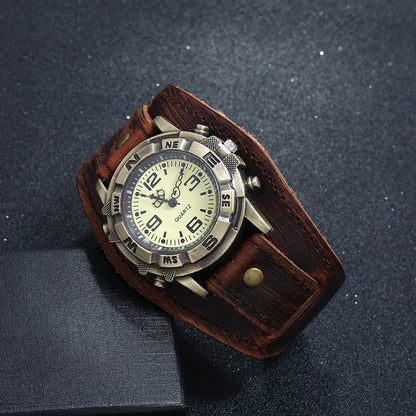 Vintage bronze dial quartz watch with leather strap front view