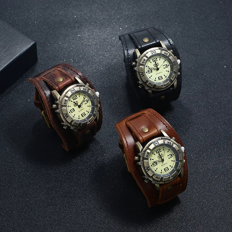 Person wearing vintage bronze dial leather strap watch