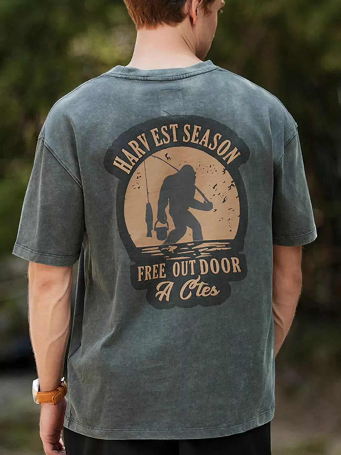 Front view of washed graphic round neck cotton T-shirt