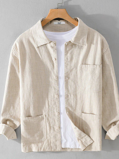 Close-up of chest pocket and washed linen texture on shirt