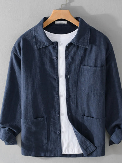 Front view of washed linen-blend button-up shirt with chest pocket