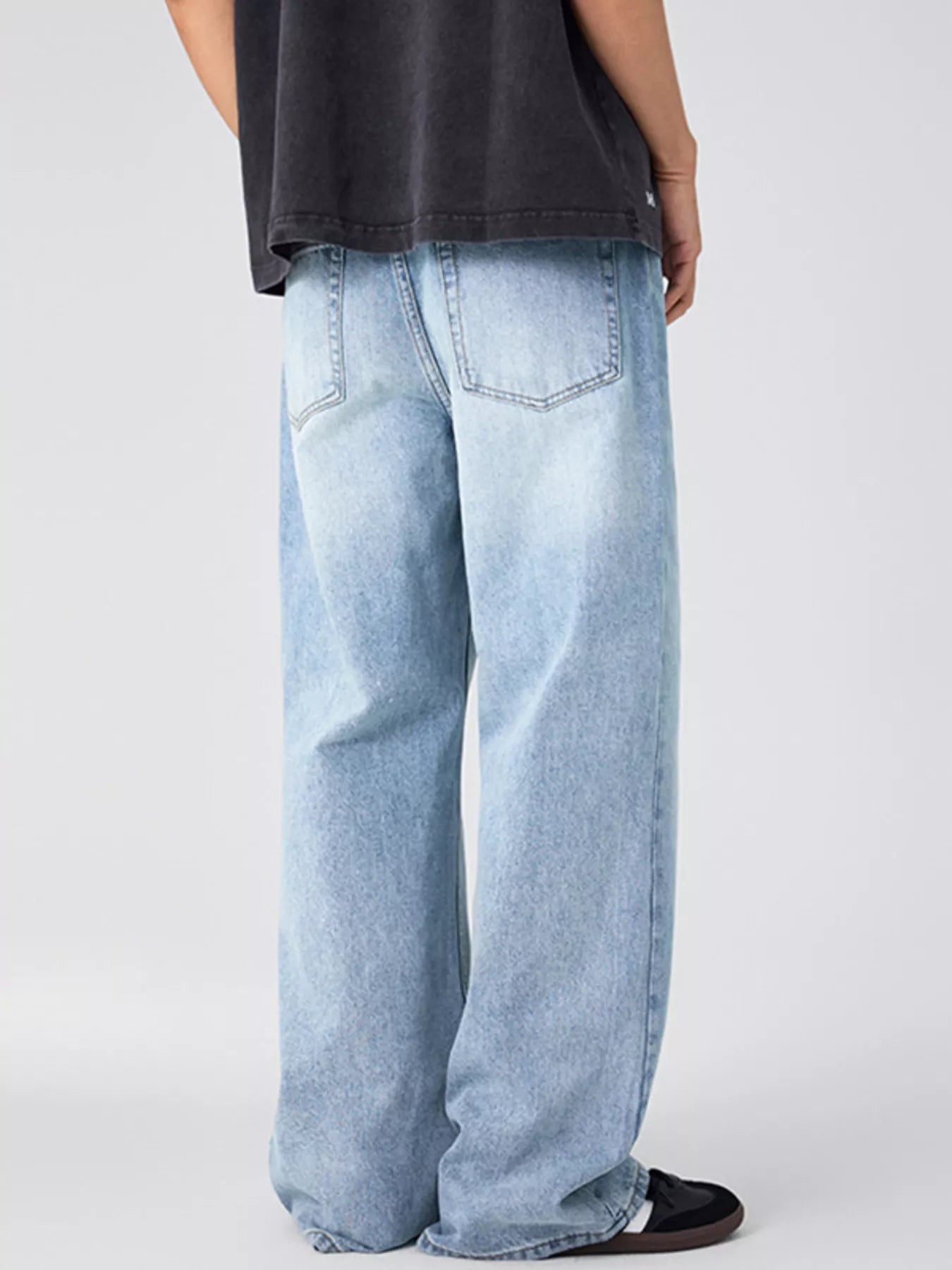 Close-up of denim texture on wide leg jeans