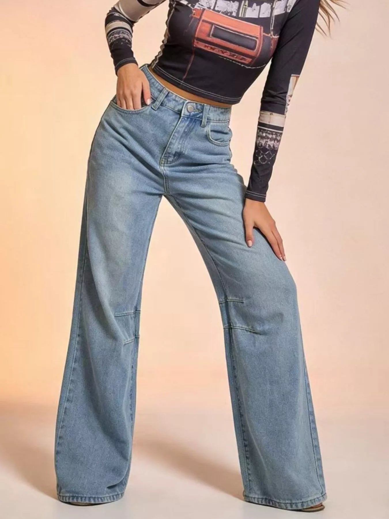 Washed wide leg denim jeans front view