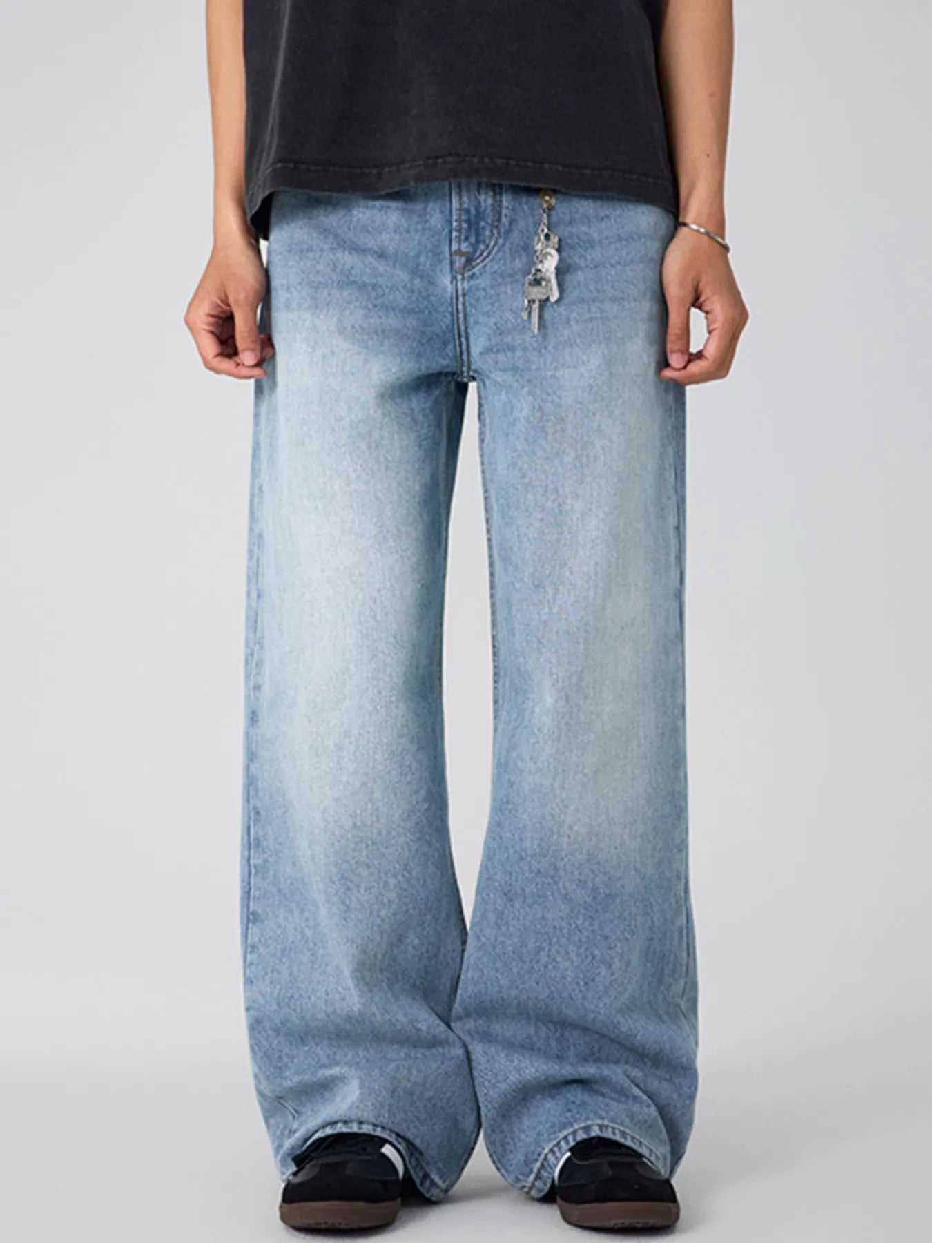 Front view of oversized wide leg cotton denim jeans