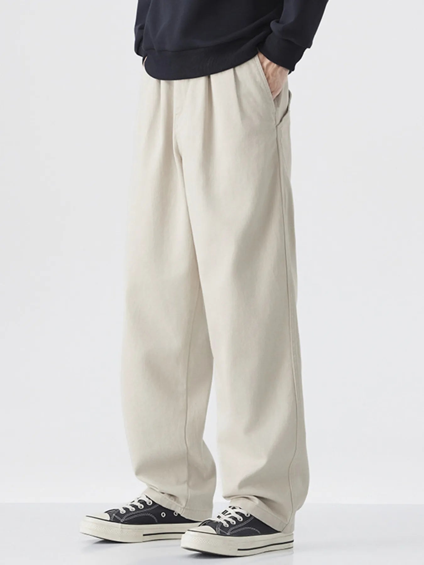 Front view of wide-leg cotton casual pants with pockets