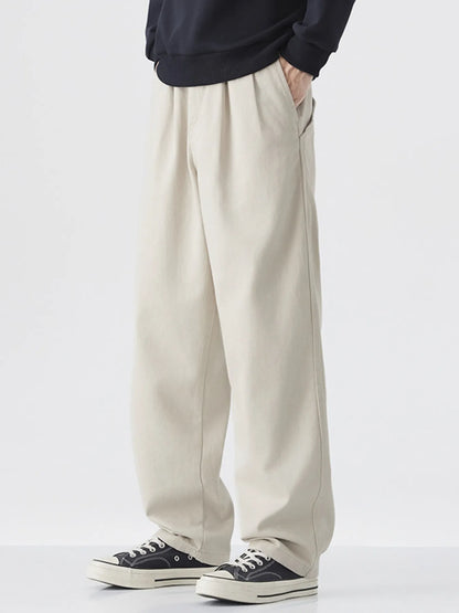 Front view of wide-leg cotton casual pants with pockets
