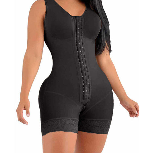 Front profile of the shapewear bodysuit showcasing the tummy-control panel and mesh texture