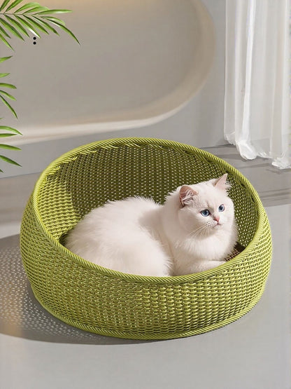 Round woven rattan pet nest for cats and small dogs