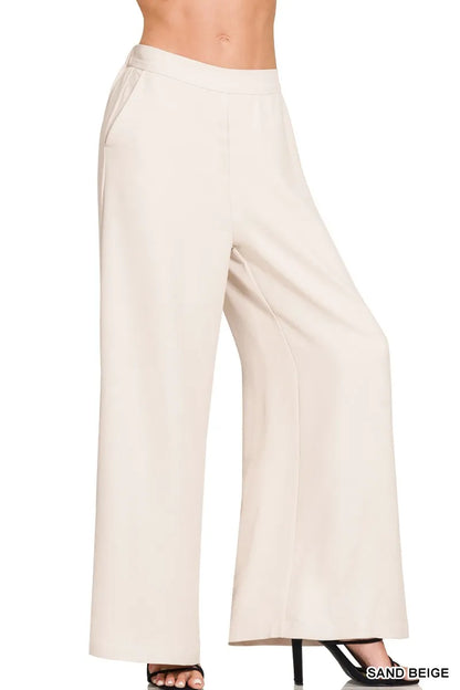 Front view of Zenana relaxed fit elastic waist wide leg pants