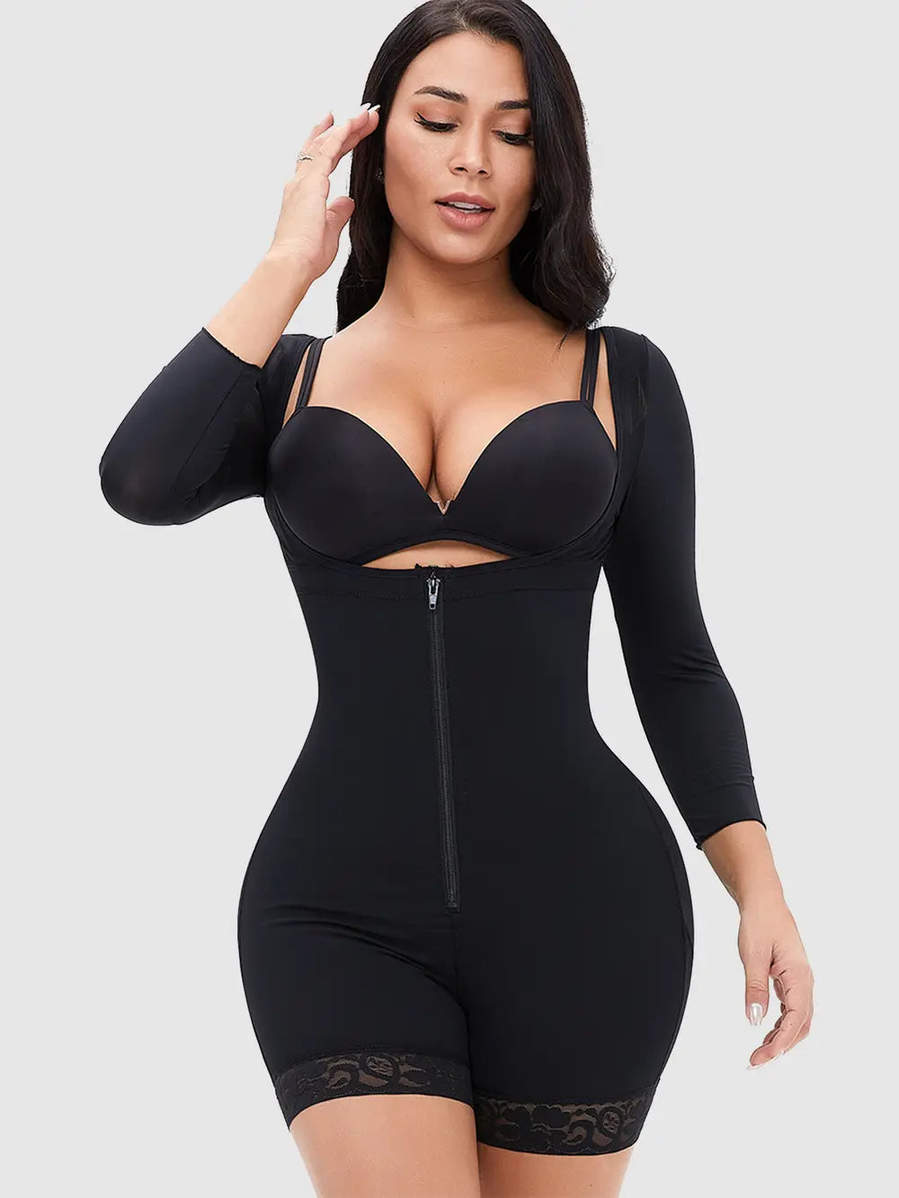 Zip-up lace detail long sleeve shapewear front view