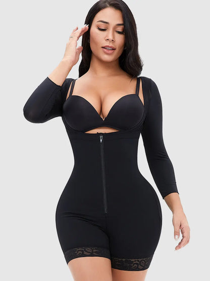 Zip-up lace detail long sleeve shapewear front view