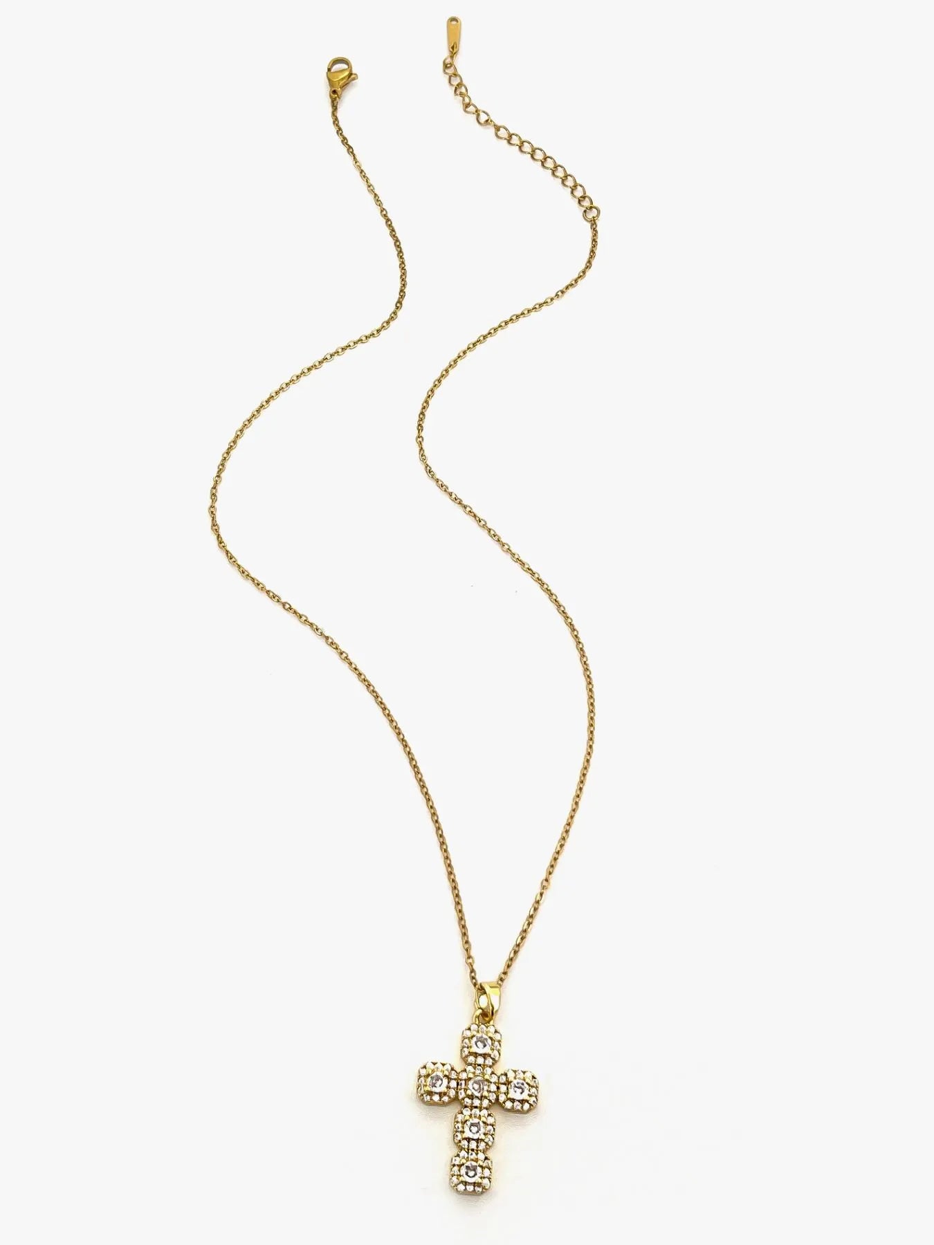 Front view of the 14K gold-plated cross necklace with inlaid zircon stones