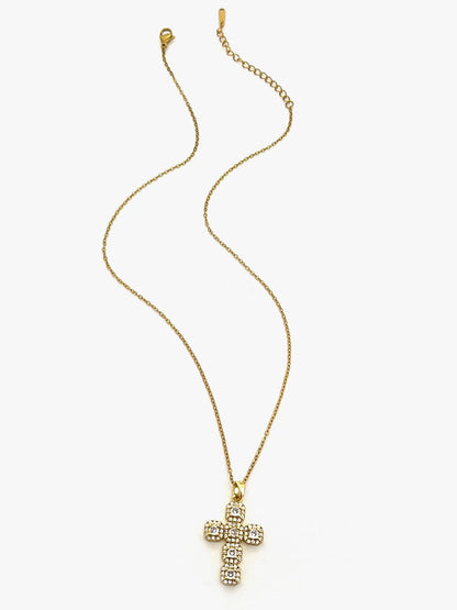Front view of the 14K gold-plated cross necklace with inlaid zircon stones