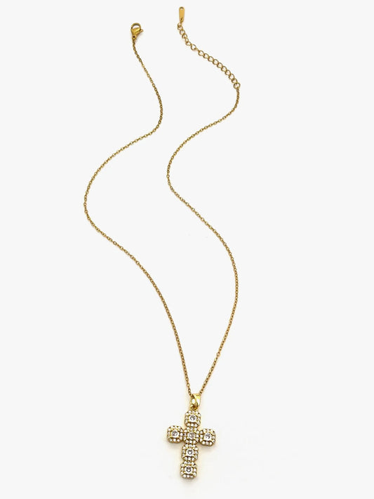 Front view of the 14K gold-plated cross necklace with inlaid zircon stones